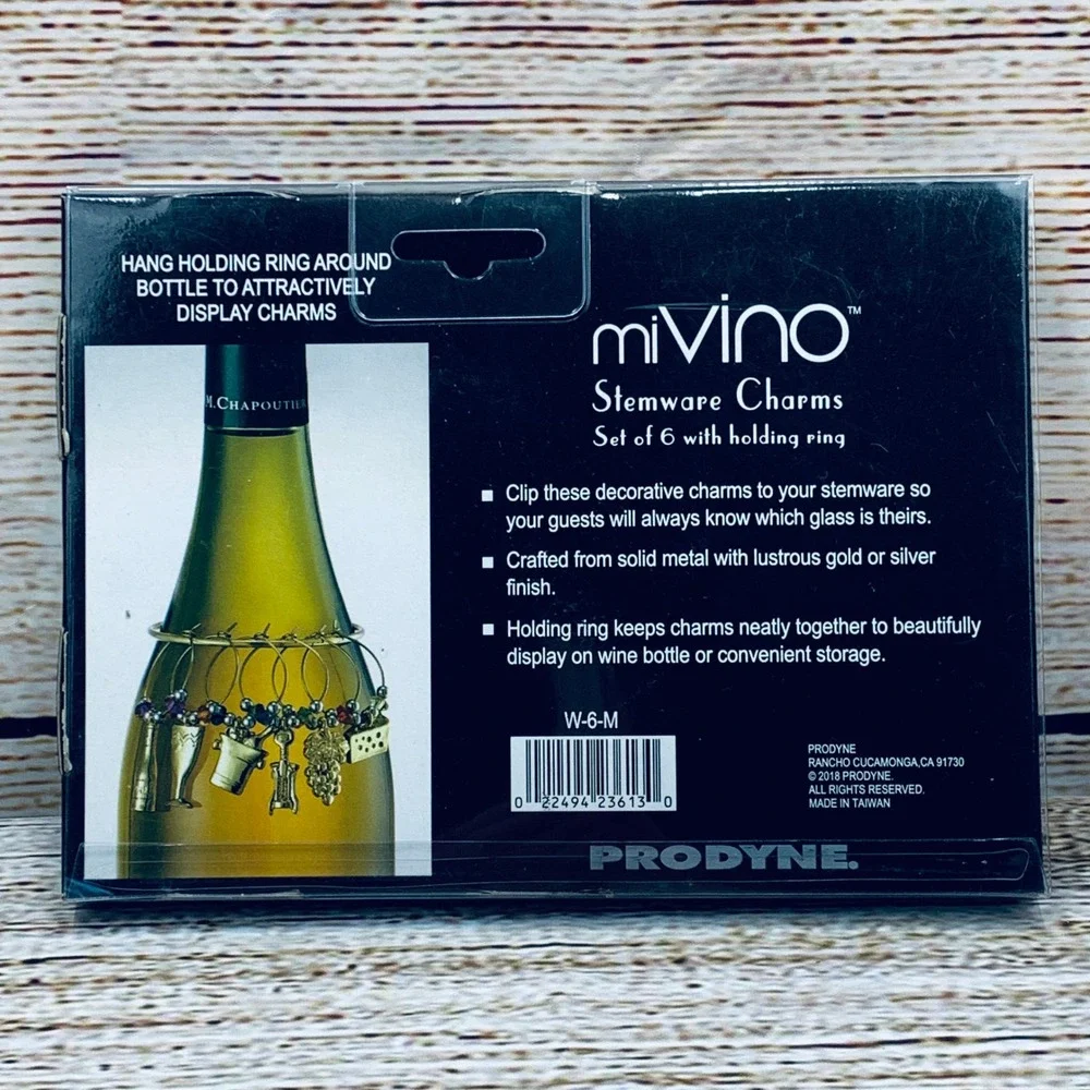 miVino Stemware Charms Set of 6 with‎ Holding Ring Wine Glass Markers NEW